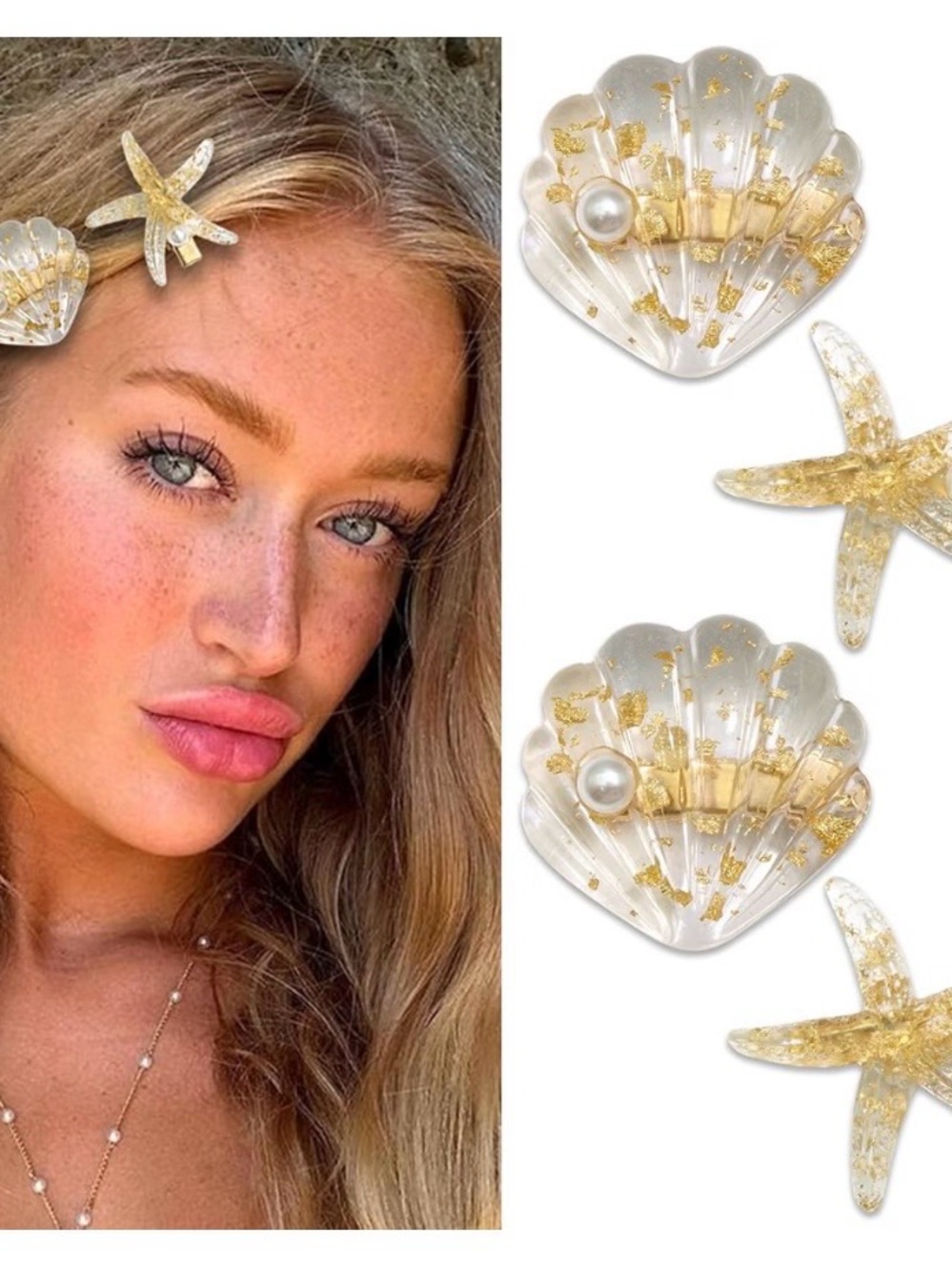 Gold Flake Shell & Starfish Hair Clip Set - Women Accessories